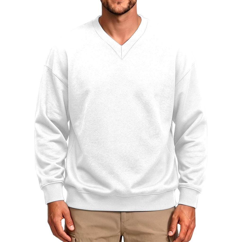 Men's V-Neck Long Sleeve T-Shirt Color Casual Top with Ribbed Cuffs
