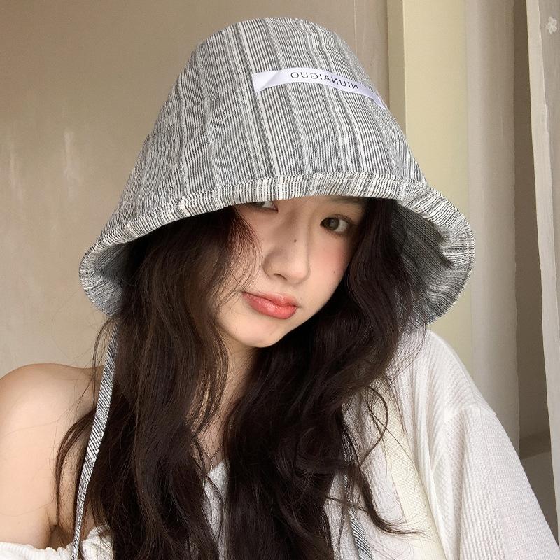 Small Fresh Striped Fisherman's Hat Children Summer Versatile Large Brim Strap Face Covering UV Protection Baby Hat Basin Hat