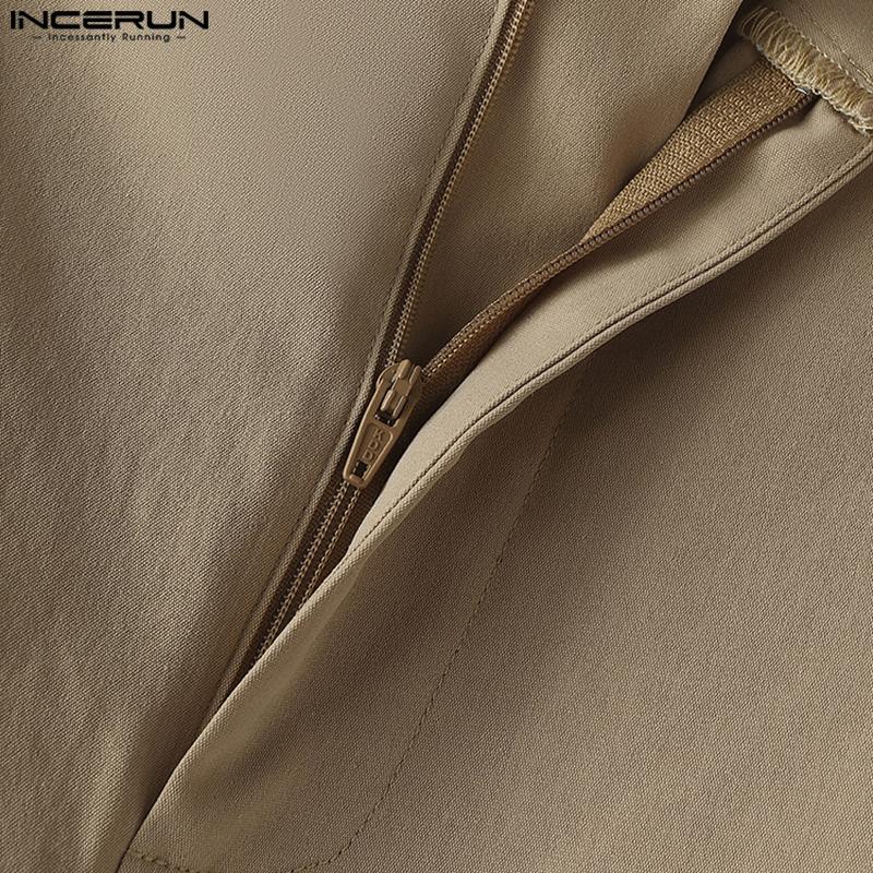 INCERUN Men Zipper Button Waist Solid Pleated Casual Long Pants Trousers
