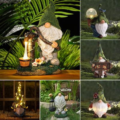 Nueva estatua bonita de resina de Gnomo de jardín, esculturas, luces LED solares, decoración para adorno de jardín al aire libre