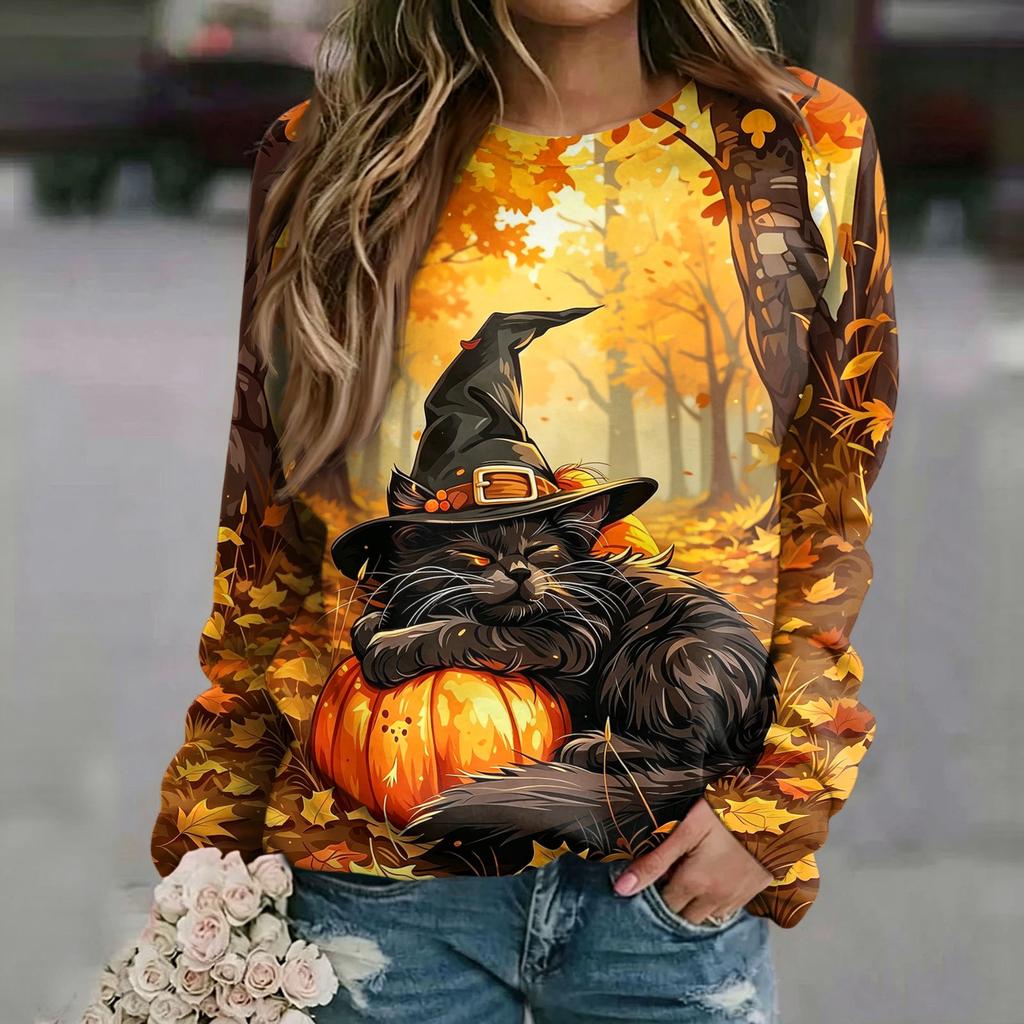 Women's Casual Halloween Print Raglan Long Sleeve Neck Sweatshirt Top