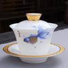 White Porcelain Kung Fu Tea Set with Floral Lidded Bowl