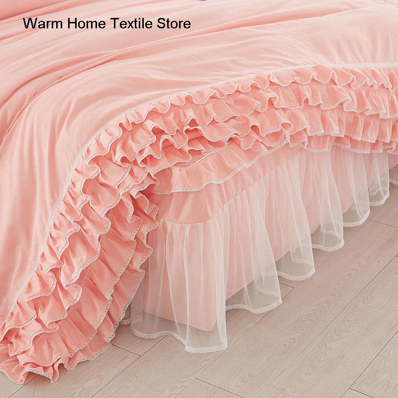 Korean Princess Duvet Cover 4 Piece Set Solid Color Ruffles Lace Quilt Cover And Pillowcase For Girl Woman Romantic Bedspread