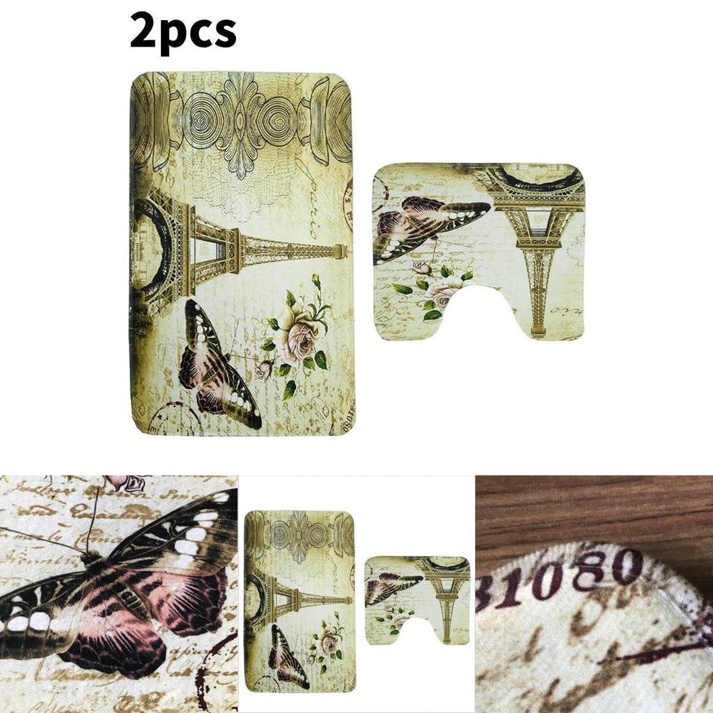 Butterfly Tower Bath Mat Set Polyester Non Slip Absorbent Rug For Bathroom Decor