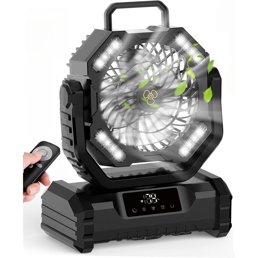 20000mAh Rechargeable Portable Camping Fan, Tent Fans with LED Lantern, 4 Wind Speeds, 4 Timer Modes, Desk Fan w/Remote, 360° Rotation Hook