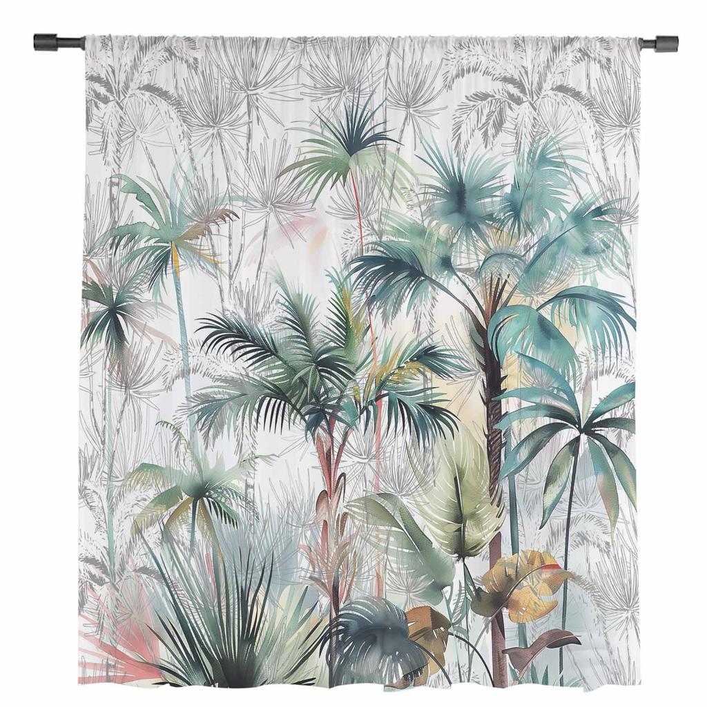 Tropical Plant Palm Tree Sheer Curtains for Living Room Decoration Window Curtains for Kitchen Tulle Voile Organza Curtains