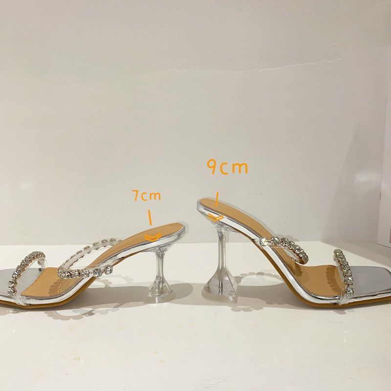 Sandals women's summer 2025 new transparent one-word with rhinestone high heels square toe nude thin heel cool slippers