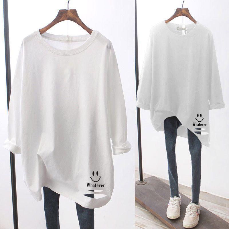 Women's Pure Cotton Long Sleeve White T-shirt - 2025 Spring/Autumn Collection, Loose Fit, Mid-length, Plus Size, Ripped Design.