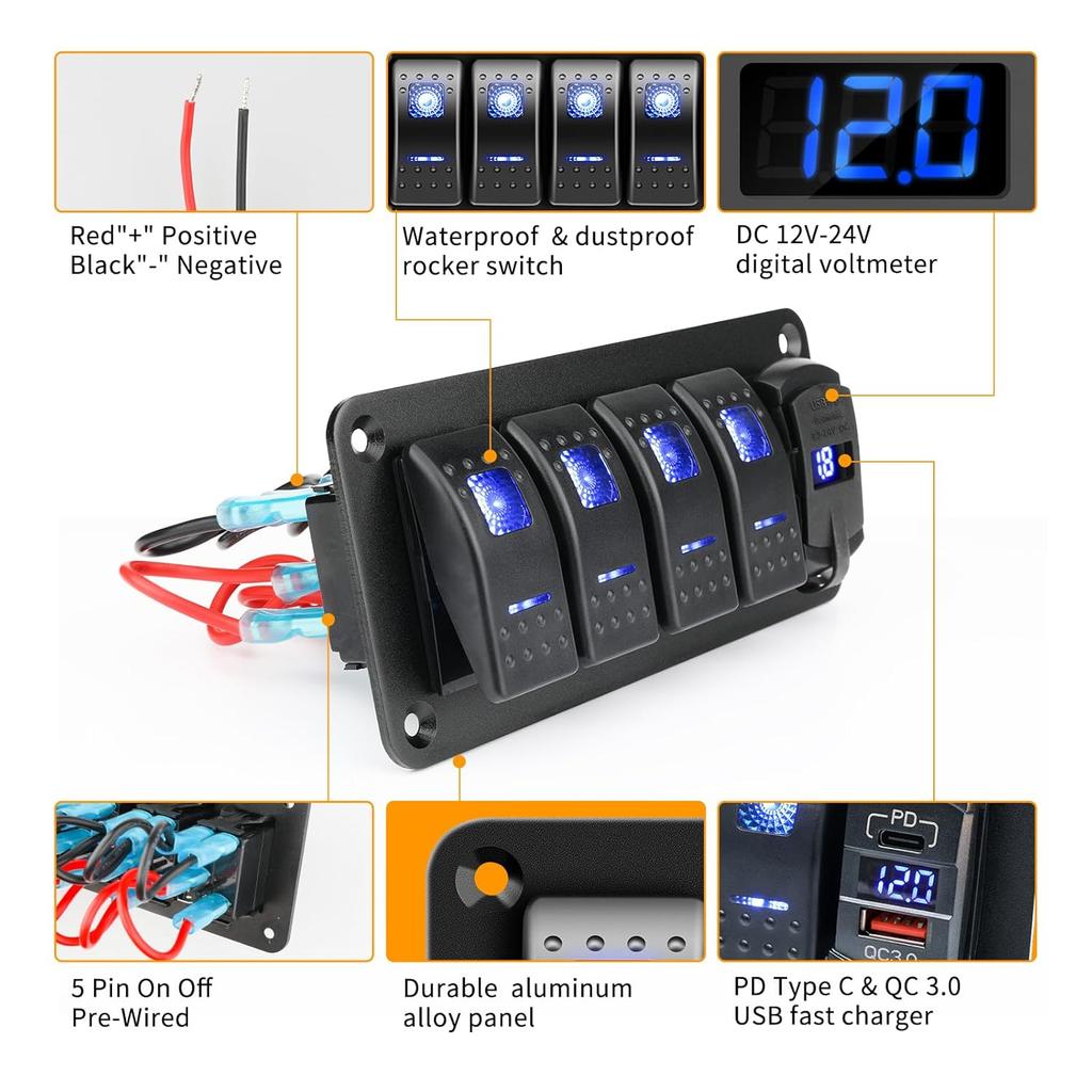 4 Gang IP68 Waterproof Boat Rocker Switch Panel DC 12-24V LED Digital Voltmeter + Dual USB (QC 3.0 & Type-C) Fast Charging Pre-Wired Toggle Switch
