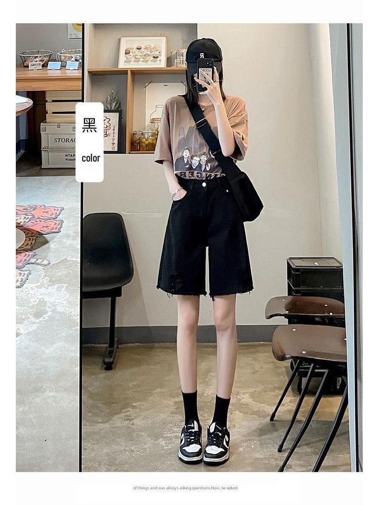 Women's Summer 2025 White Ripped Wide-Leg Denim Shorts