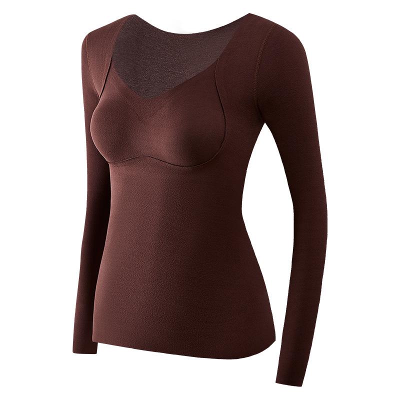 "8829 Plus Size Women's Wool Silk Velvet Thermal Underwear with Chest Pad - Long Sleeve Top"