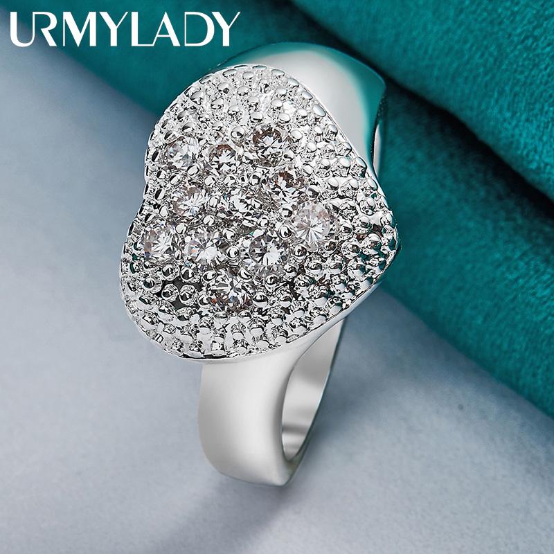 URMYLADY 925 Sterling Silver Heart Zircon 7-10 Ring For Women Fashion Wedding Party Charm Jewelry