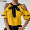 VONDA Women Cold Shoulder Ruffled Sleeve Bow Knot Casual Stitching Blouse