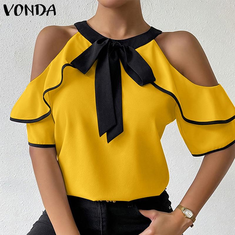 VONDA Women Cold Shoulder Ruffled Sleeve Bow Knot Casual Stitching Blouse