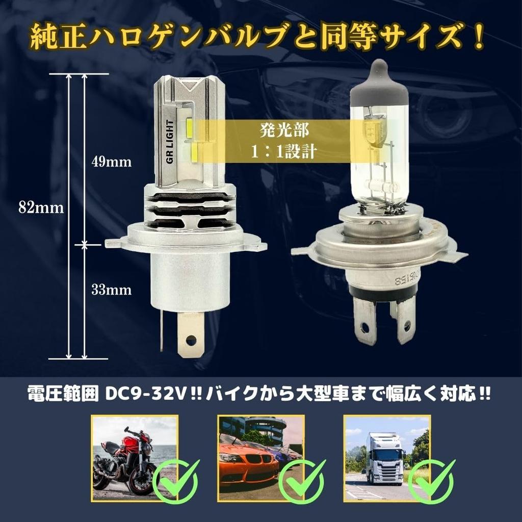 GRLIGHT 240802NT H4 LED Bulb, Headlight, 2 Pieces, Halogen Size, Compatible with Vehicle Inspection,