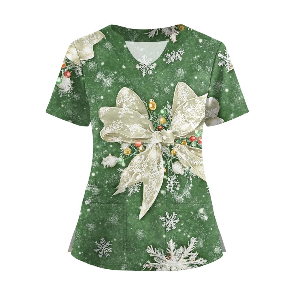 Women's Short Sleeved Christmas Printed V-neck Buttonable Side Slit Top T-shirt