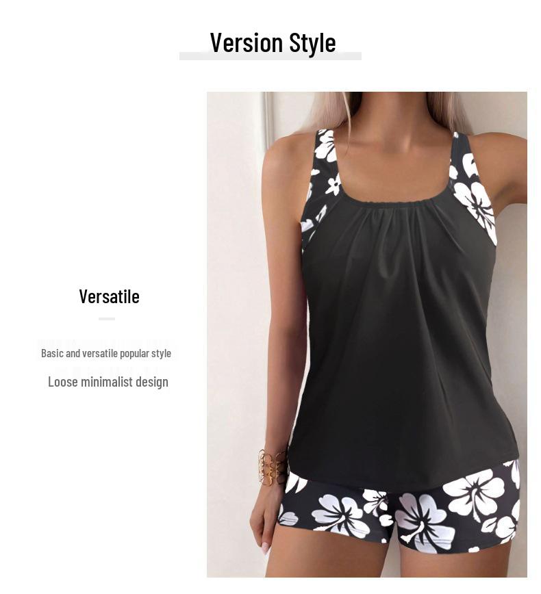 2024 Europejski i Amerykański Damski Czarny Rozdzielny Strój Tankini z Seksownym Wyszczuplającym Nadrukiem i Płaskimi Szortami Kąpielowymi