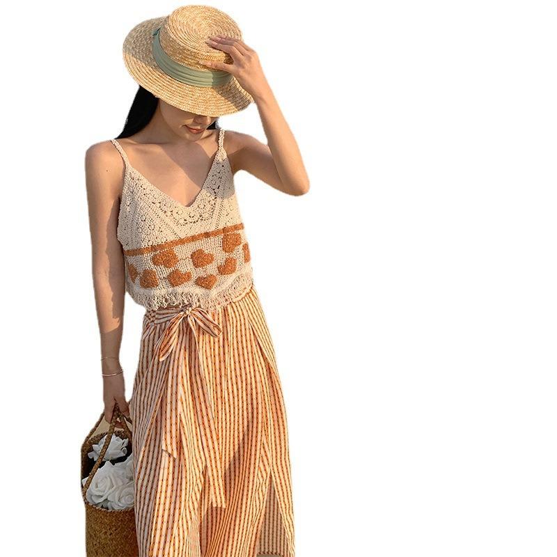 Floor Pants Drape Women's Summer Vacation Pants Beach Pants Orange High-waisted Split-ended Striped Wide-leg Pants