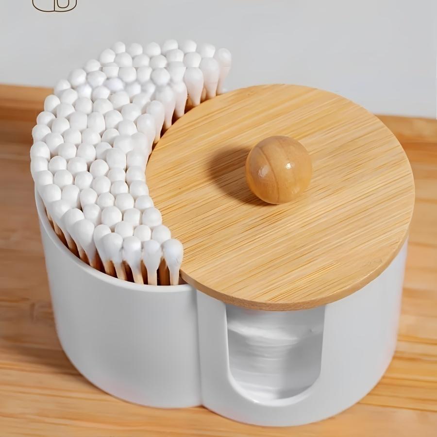 2-in-1 one-piece cotton swab box with wooden cover, makeup remover cotton storage box, desktop with cover, double-hole round combination storage can.