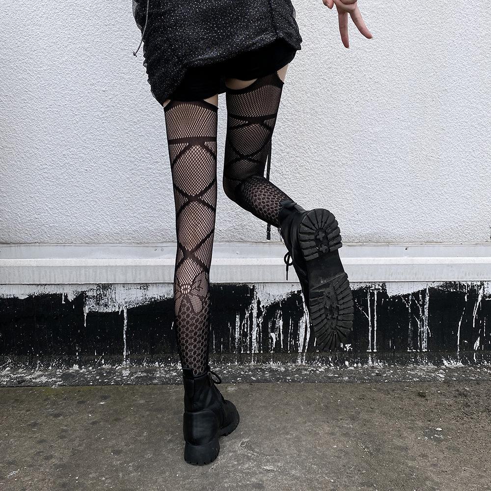 Sexy Schwarze Netzspitzen-Strumpfhalterstrümpfe – Rutschfest, Langschaft, Transparent im Japanischen Stil für Damen