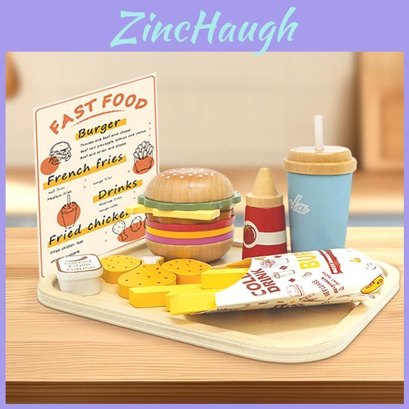 Fun Wooden Simulation Burger French Fries Beverage Kid Toy Set For Early Childhood Learning And Creative Play
