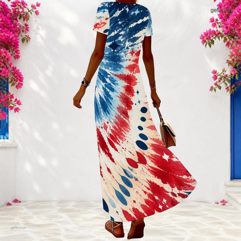 Women Plus Size V Neck Short Sleeve Navy Blue Printed Long Dress