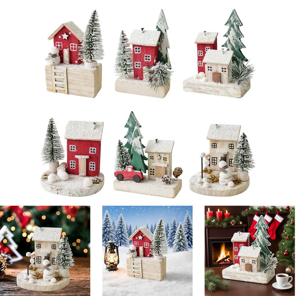 Small Christmas Snow Village House Decors Winter Desktop Ornament Miniature Figurine Xmas Scene House for Office Mantle Holiday