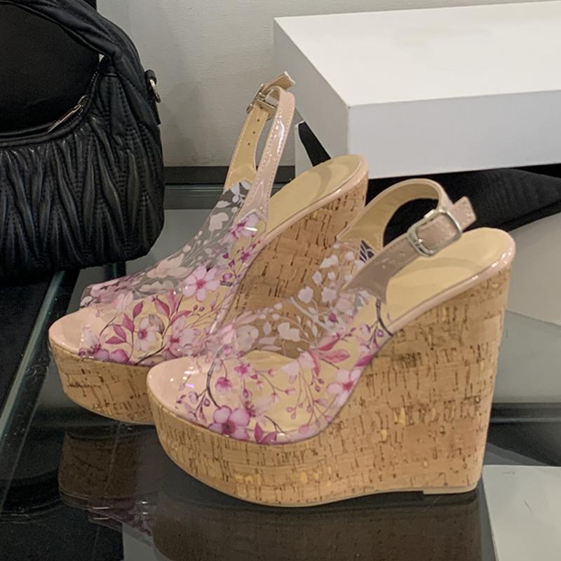 Fashion Liyke Summer Cozy 14.5CM Wood Wedge Sandal Women Fashion Flowers PVC Open Toe Buckle Strap Platform High Heels Party Dress Shoes