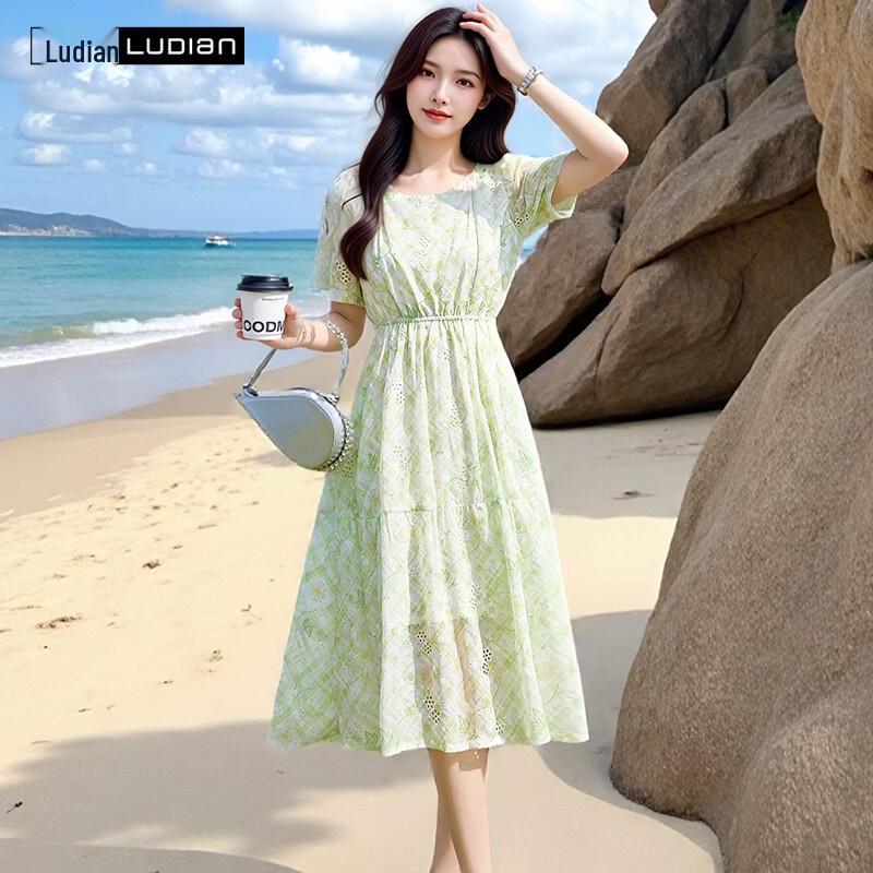 Ludian Women s Green Hollow Embroidered A-Line Maxi Dress 165/88A