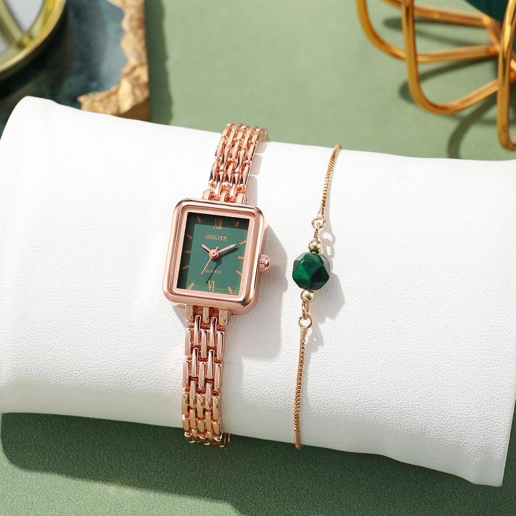 No Gift Box, Small Square Steel Strap Watch for Women, Simple and Cold Temperament Chain Crystal Bracelet 2-piece Set.