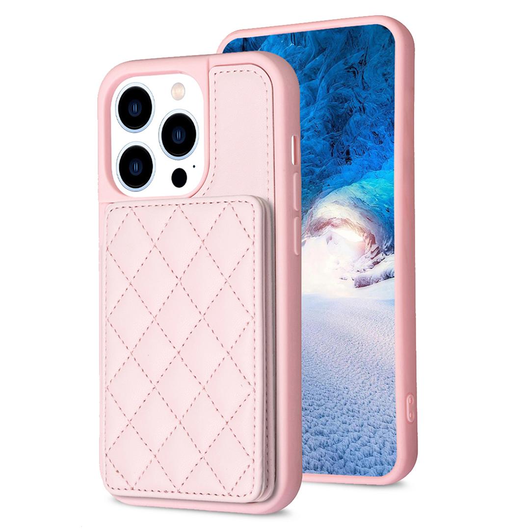 

BF25 Phone Case for iPhone 15 Pro Max Drop-proof Card Holder Kickstand PU Leather Coated TPU Cover Pink