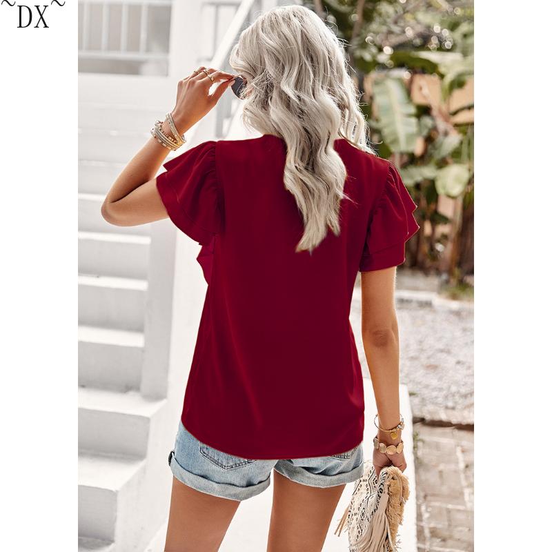 DX~~Short Sleeved Shirt Women's Summer Style Commuting V-neck Ruffle Top