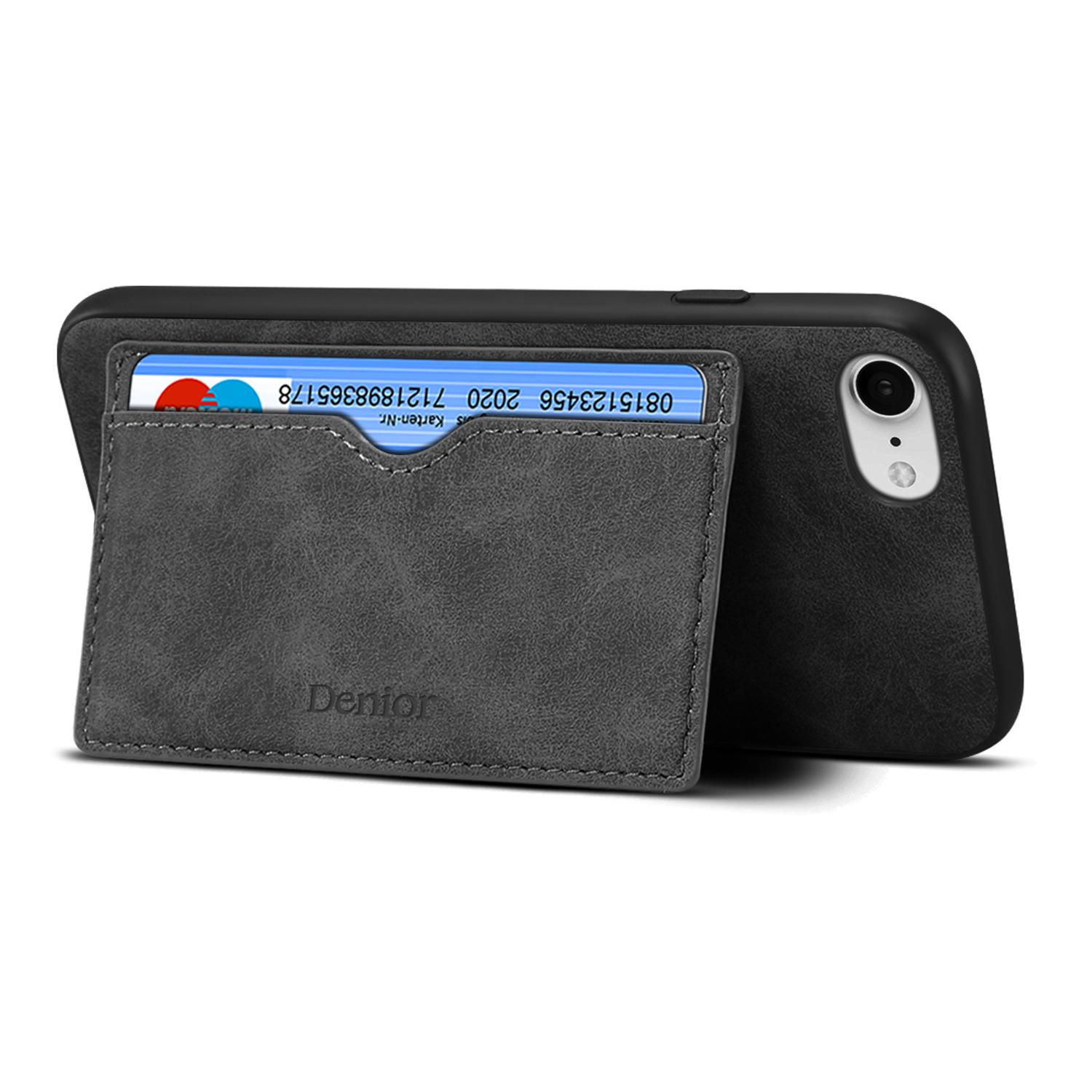 

For iPhone 16e Case Card Holder Kickstand Retro Leather+PC+TPU Phone Cover Brown