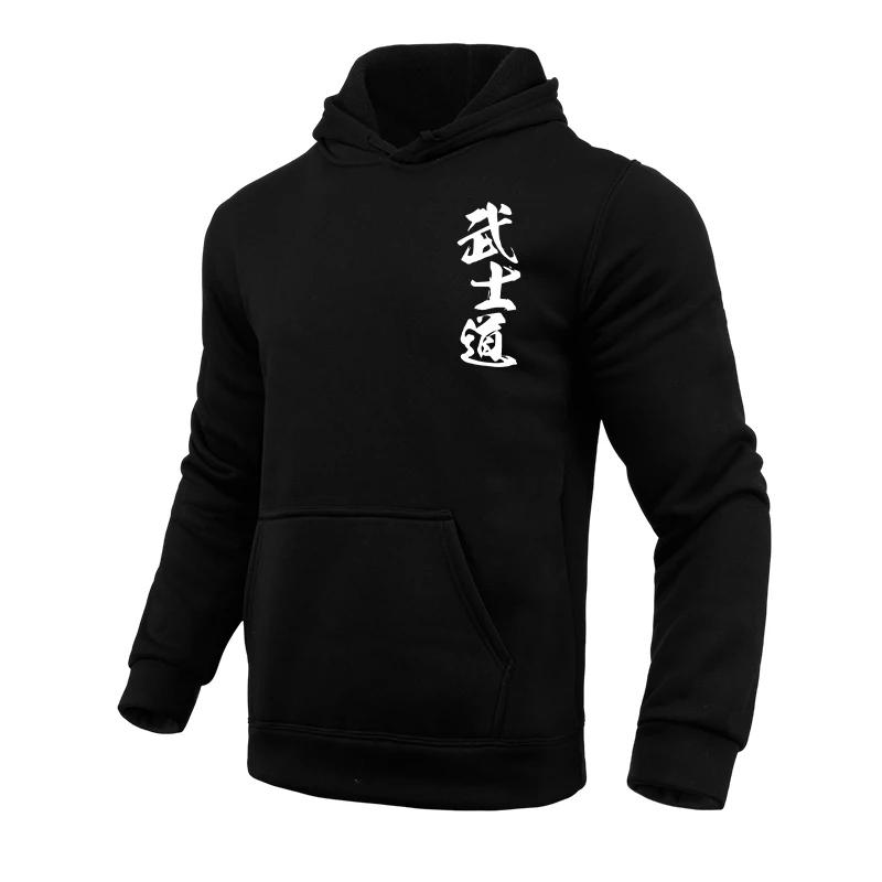 Japan Bushido Print Hoodie for Men High Quality Solid Color Hooded Long Sleeve Sweatshirt 2025 Male Daily Casual Sporty Pullover