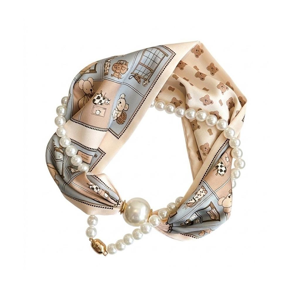 Magnetic Buckle Pearl Magnetic Clasp Scarf Thin Women's Shirt Necklace Elegant Silk Scarf  Women