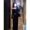 French black off-the-shoulder v-neck long-sleeved dress, autumn dress for women, small man with waist temperament, waist-exposed, bottom-up dress