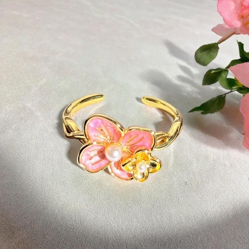 Princess Pink Flower Gold Enamel Dripping Oil Opening Ring Female Butterfly Premium Sweet Cool Ring