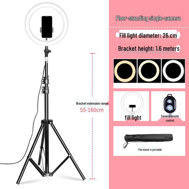 Mobile Phone Live Streaming Ring Light with Retractable Tripod and Multi-Position Stand