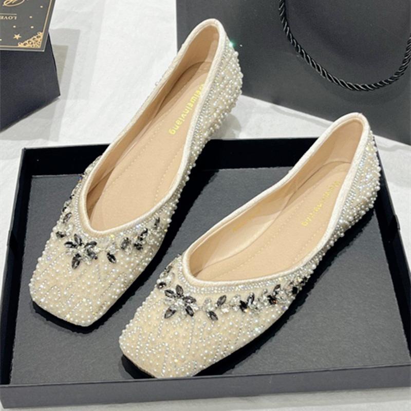 Fashion Luxury String Bead Rhinestone Brand Flat Shoes Women Comfort Square Toe Shallow Design Shoes Fashion Elegant Wedding Bridal Shoe