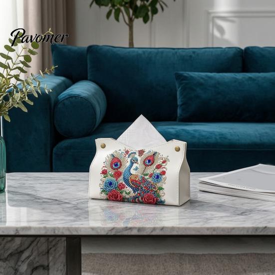 Set Pittura con Gemme Fatto a Mano Fai da Te Diamond Painting Scatola Portatovaglioli in Tessuto, Portapenne in Pelle per Desktop Rilassante, Artigianato Ricamo con Strass 5D