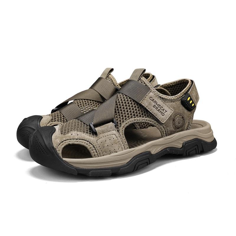 

Мужские летние новые сандалии из коровьей кожи, повседневная пляжная обувь из натуральной кожи для мужчин, нескользящие сандалии и шлепанцы для среднего возраста 38 хаки