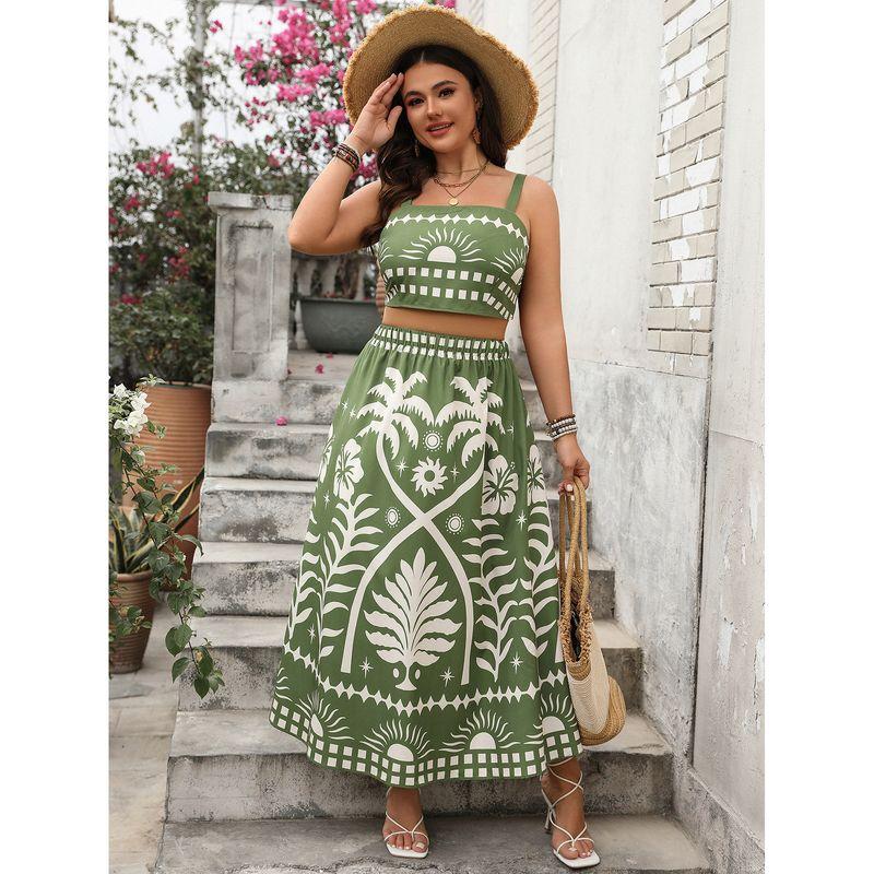 

European and American Spring and Summer Women clothes New Casual Vacation Print Sling Top Dress Set Green XL