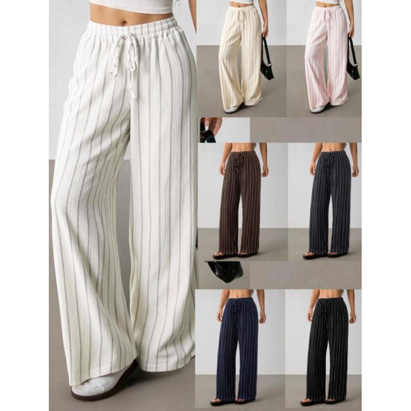 Women's Spring Retro Striped Wide-Leg High-Waisted Slimming Straight-Leg Casual Pants for Work