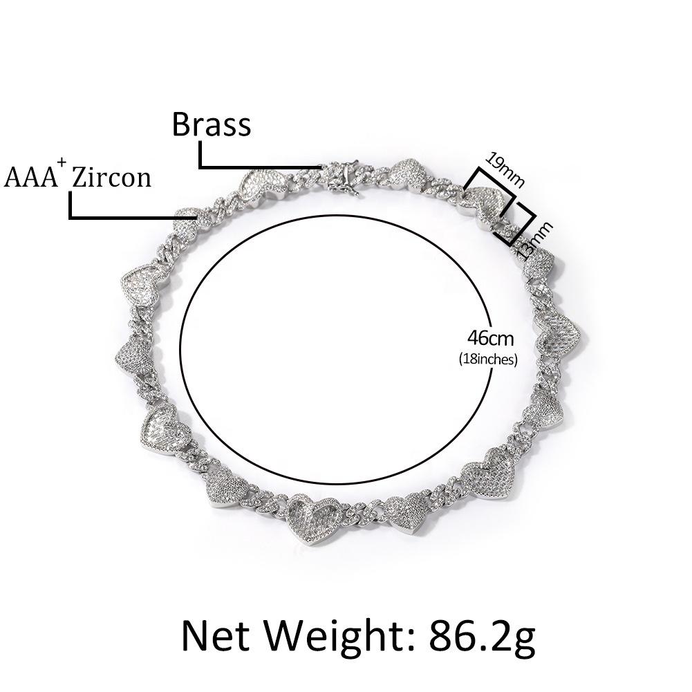 13mm Heart Cuban Link Chains Iced Baguette Zircon Brass Gold Plated Hip Hop Heart Charm Certified Choker Necklace Anniversary
