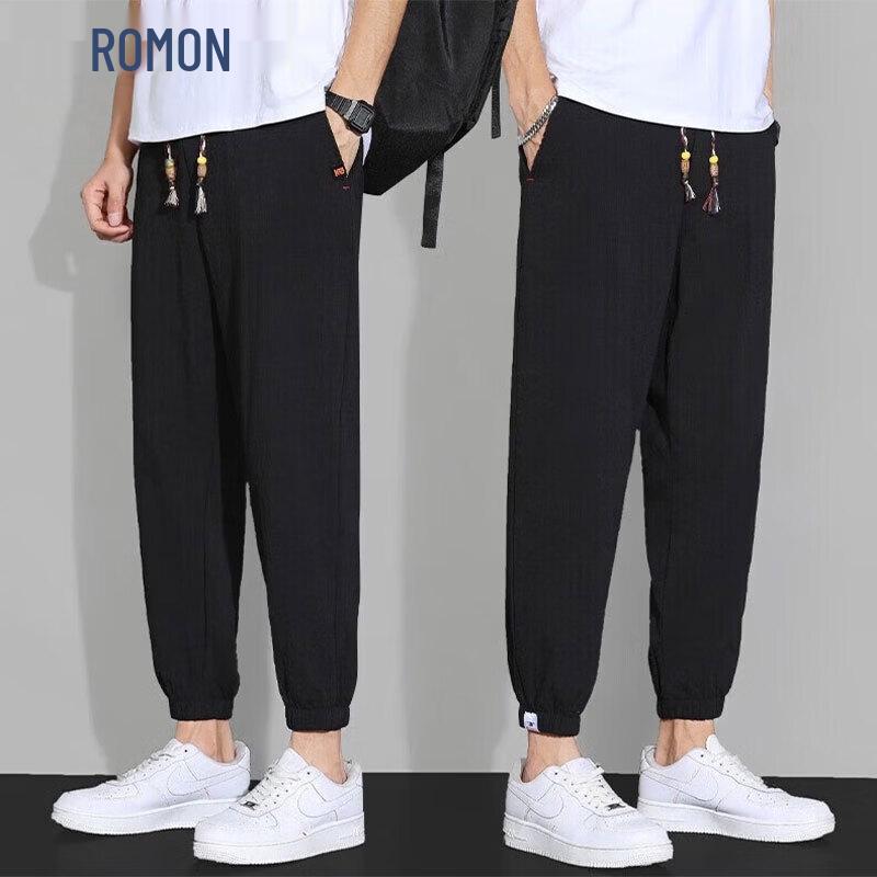 ROMON Men s Summer Linen Blend Loose Tapered Cropped Pants XL