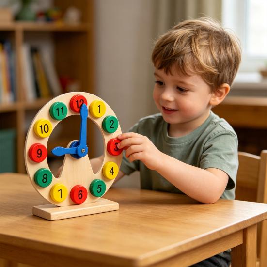 Kids Wooden Clock Toy Preschool Number Color Recognition Time Learning Clock Toddlers Educational Clock Teaching Aid with Movable Hands