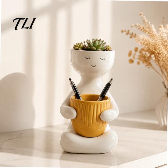 Zen Desktop Flower Pot Smiling Face Plant Pot, Double Planting Space Planter, Cute Resin Holder Sitting Figure Flowerpot for Succulents, Home