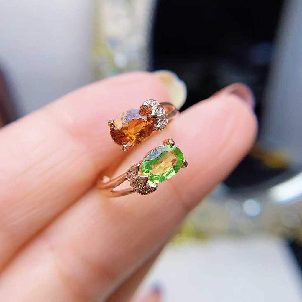 Natural Fanta 925 Silver Double Stone Open Ring - Simple & Versatile Design.