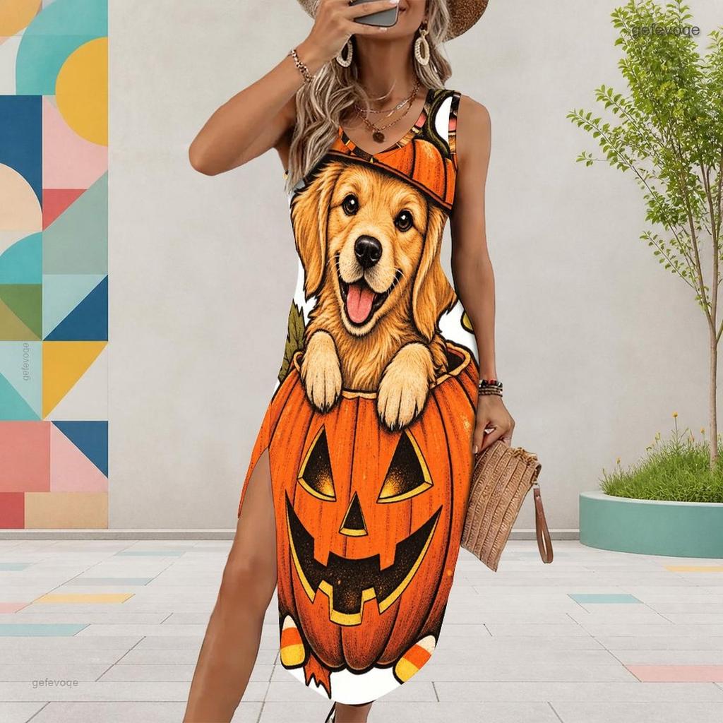 Women Plus Size U Neck Sleeveless Dress Cartoon Witch Raccoon Halloween Printed High Side Slit Curved Hem