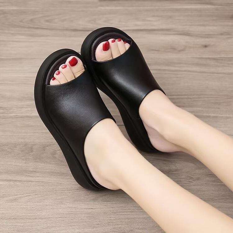 Thick-bottomed muffin cool slippers summer new outer wear high-heeled non-slip slope and casual one-word slippers